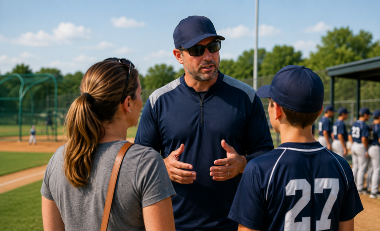 Parent speaking with a travel baseball coach during travel baseball tryouts.