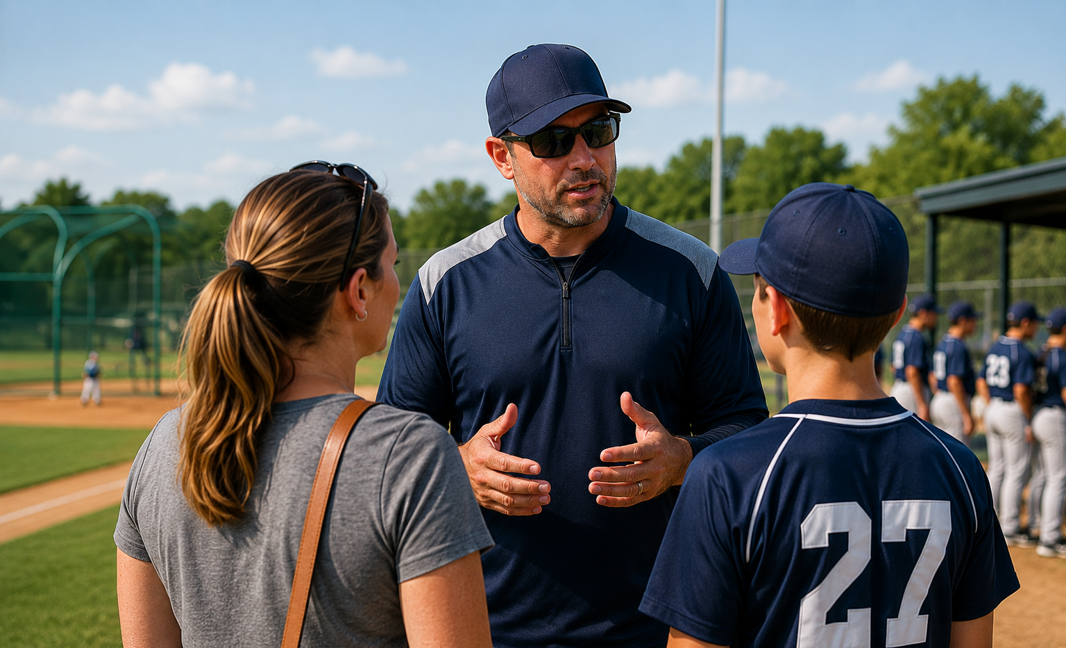 Parent speaking with a travel baseball coach during travel baseball tryouts.