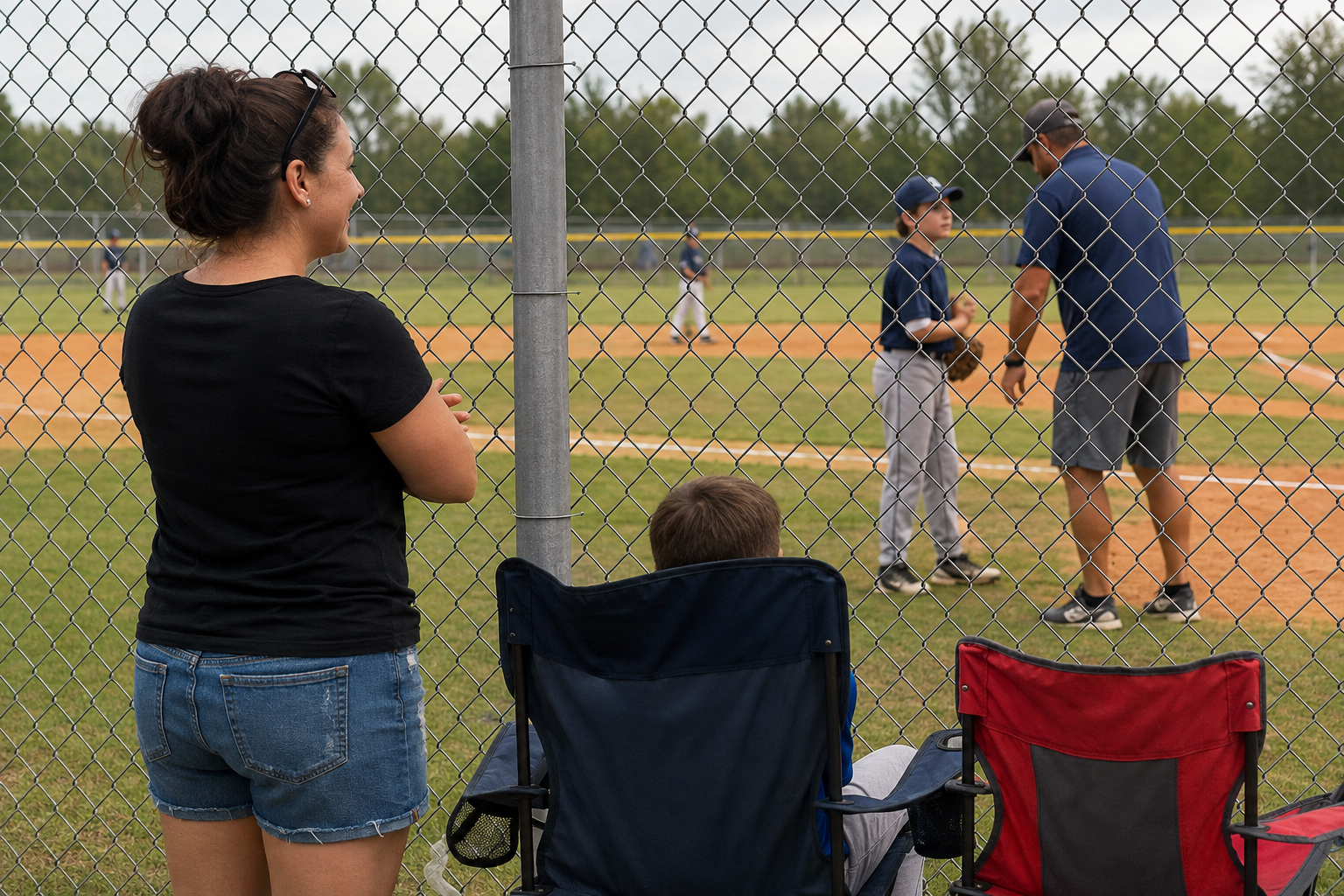 Parent watching and supporting a player during a travel baseball game