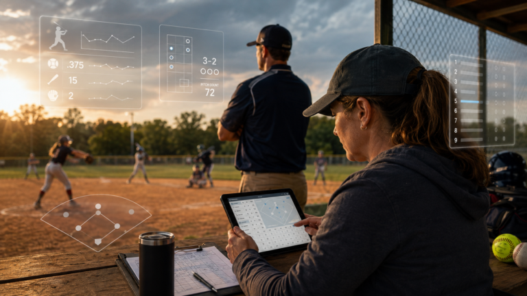 Parent scorekeeper using a tablet during a youth baseball game with player statistics and scoring data displayed.